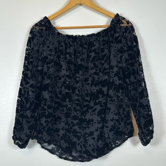 Rock & Republic Black Top Burn Out Velvet Gathered Neck Dark Whimsigoth Y2K M - Picture 1 of 9